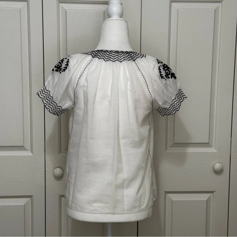 J.Crew White Cotton Gauze Black Embroidered V-Neck Puff Sleeve Top 0